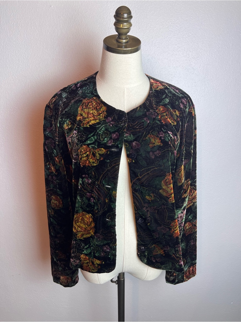 Norton McNaughton Dark Green Velvet Floral Jacket with Orange Accents